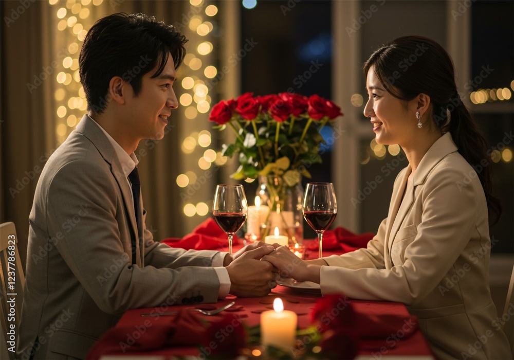 Happy couple enjoying a romantic dinner, holding hands. comfortable and warm atmosphere. celebrate birthdays. The backdrop features soft bokeh lights creating the perfect Valentine's Day atmosphere fi Happy couple enjoying a romantic dinner, holding hands. comfortable and warm atmosphere. celebrate birthdays. The backdrop features soft bokeh lights creating the perfect Valentine's Day atmosphere fi