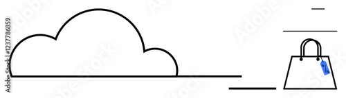 Cloud connected to shopping bag with tag. Ideal for digital marketing, online shopping, cloud storage, data security, e-commerce, internet services, modern technology. Minimalist abstract line flat