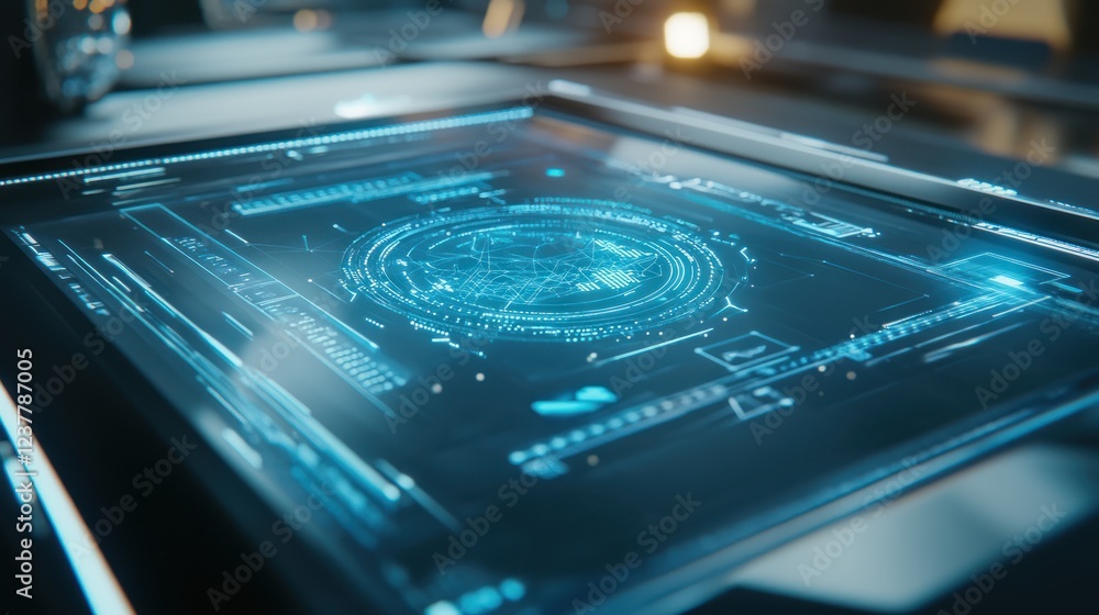 A futuristic holographic interface displaying data and analytics in a tech environment. A futuristic holographic interface displaying data and analytics in a tech environment.