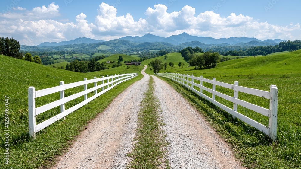 Scenic country road leading to farmhouse in mountains Scenic country road leading to farmhouse in mountains