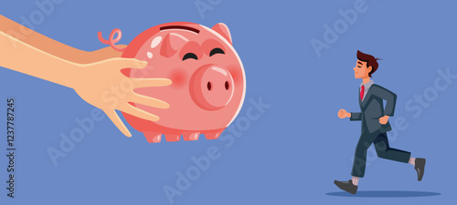 Hand Holding Piggy Bank for a Businessman Vector Illustration Design. Happy worker going for the bonus from his manager
