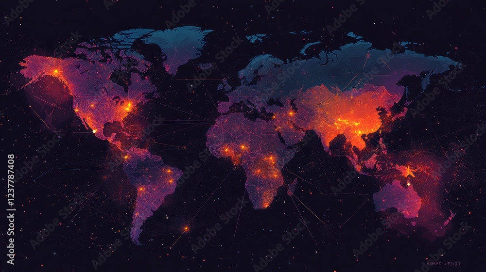 Fototapeta premium Illuminated Global Map Showcasing 5G Nodes Connecting the World in Real-Time Technology Advancement