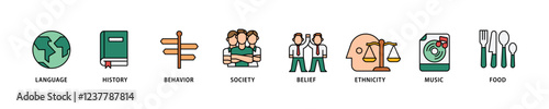 Culture icon set flow process which consists of food, music, society, ethni, city, belief, behavior, history, language icon live stroke and easy to edit .