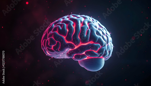 Glowing neon brain, anatomical illustration, vibrant pink and red, electric blue outline, dark background, futuristic, neural network, consciousness visualization, digital art, holographic, 3D renderi