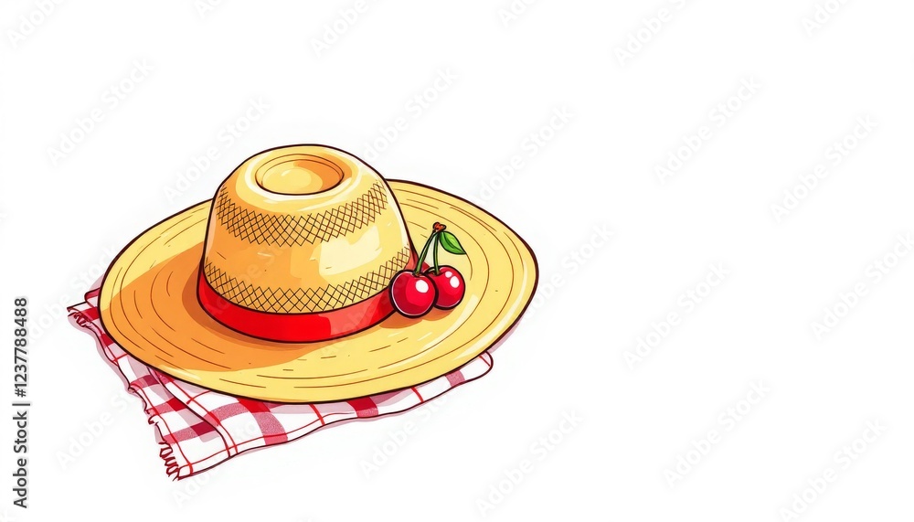 Straw Hat with Cherries Summer Picnic Illustration Straw Hat with Cherries Summer Picnic Illustration