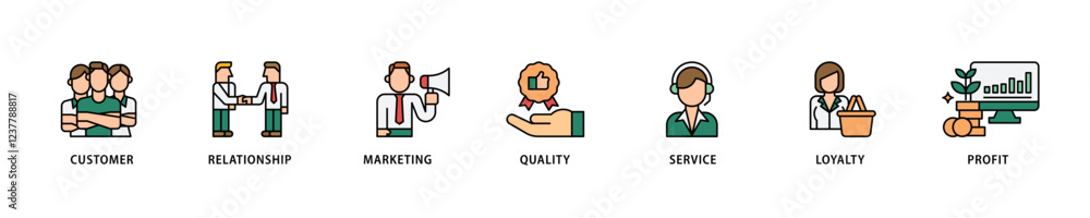 Customer relationship icon set flow process which consists of customer, relationship, marketing, quality, service, loyalty and profit icon live stroke and easy to edit . Customer relationship icon set flow process which consists of customer, relationship, marketing, quality, service, loyalty and profit icon live stroke and easy to edit .