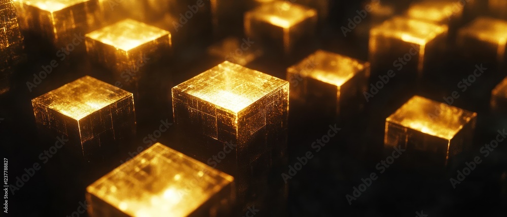 A close-up view of glowing golden cubes, creating a futuristic and abstract atmosphere. A close-up view of glowing golden cubes, creating a futuristic and abstract atmosphere.