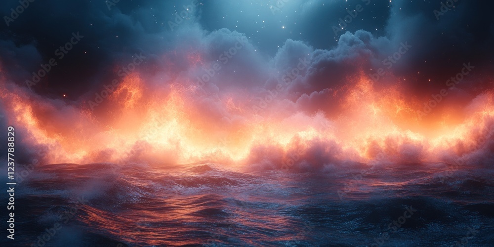 Naklejka premium Fiery Seascape Under a Starlit Sky: A Digital Painting of Burning Waves
