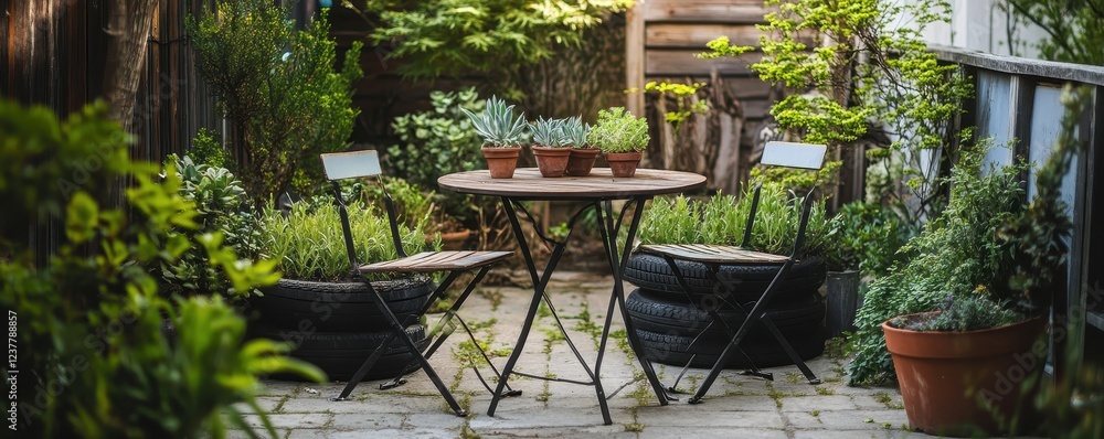 Fototapeta premium Charming small urban patio featuring DIY planters filled with vibrant succulents for a cozy outdoor retreat.