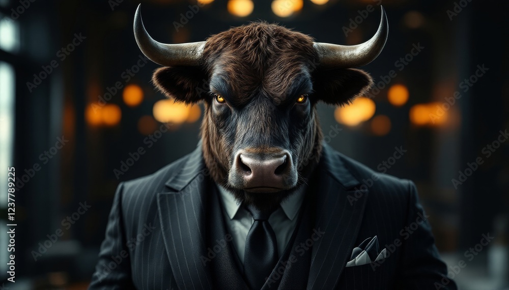 Naklejka premium Powerful Bull in Suit Stock Photo Dramatic Business Image