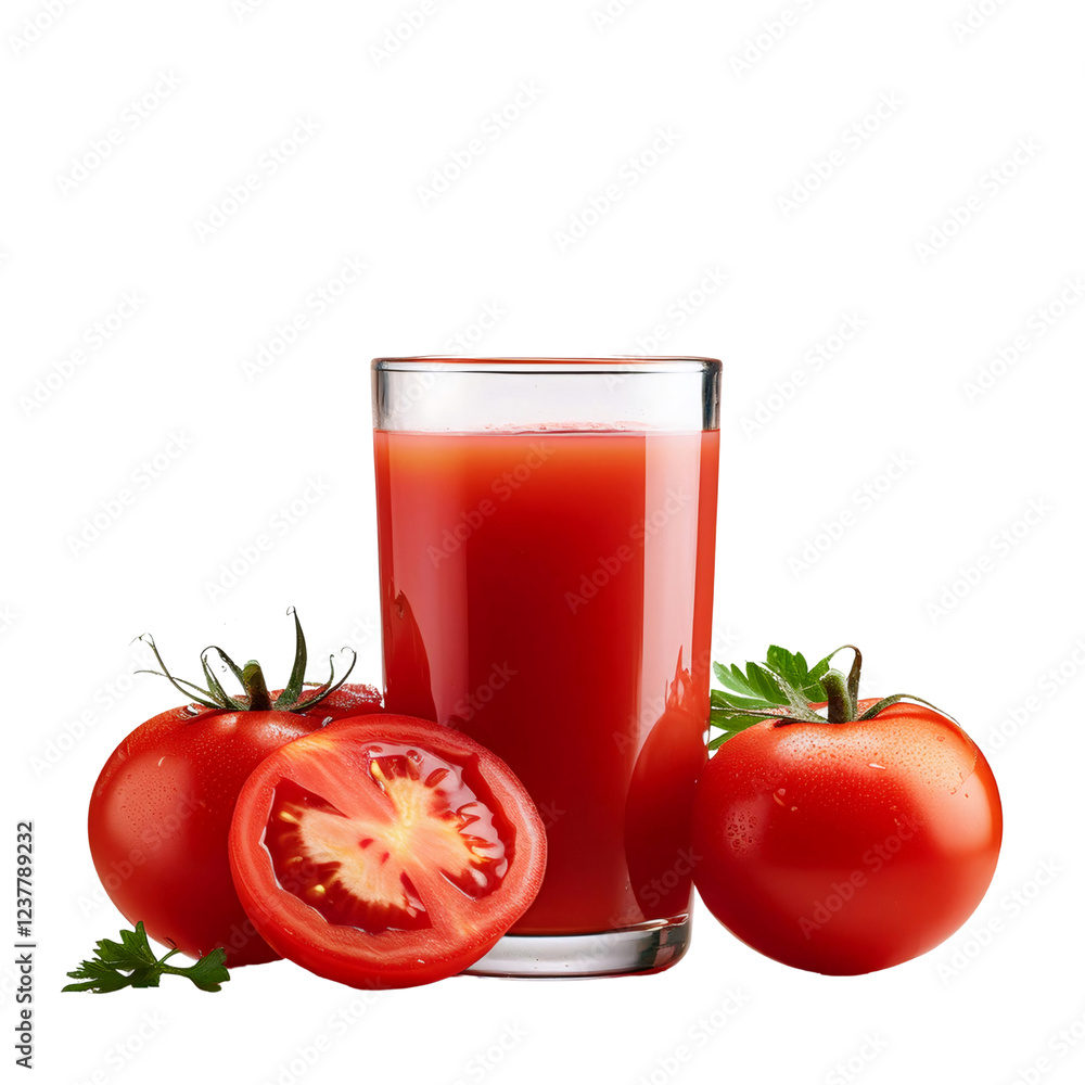 Tomato Juice Refreshment: A tempting glass of ruby-red tomato juice sits beside two ripe, juicy tomatoes, one halved to reveal its vibrant interior. A sprig of fresh parsley adds a touch of vibrancy. Tomato Juice Refreshment: A tempting glass of ruby-red tomato juice sits beside two ripe, juicy tomatoes, one halved to reveal its vibrant interior. A sprig of fresh parsley adds a touch of vibrancy.