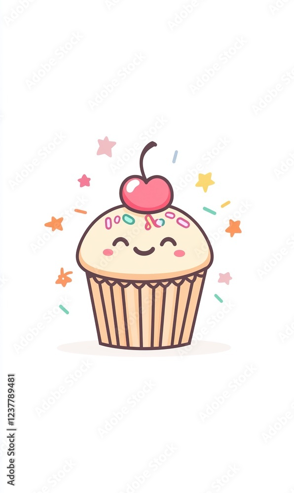 Cute Cartoon Cupcake with Cherry and Sprinkles Cute Cartoon Cupcake with Cherry and Sprinkles