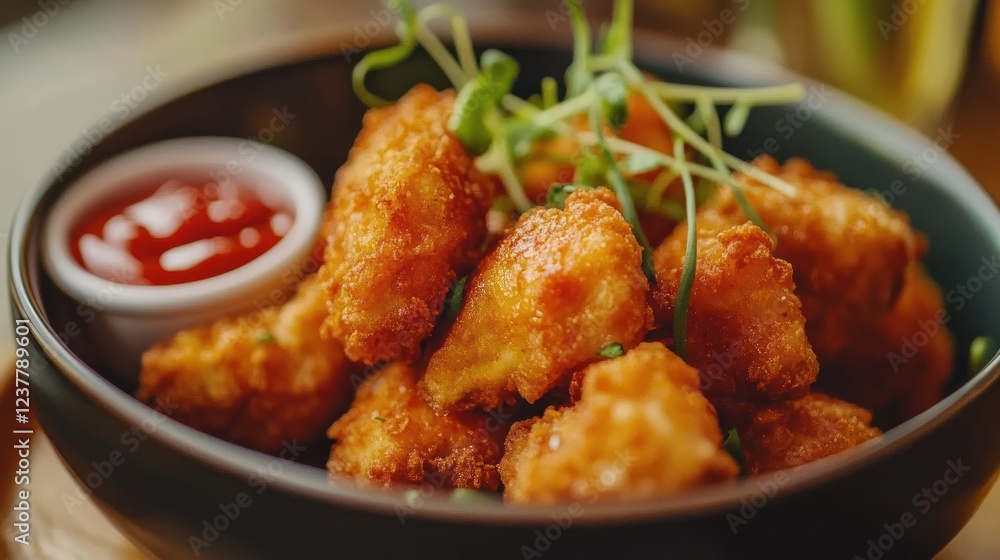 A bowl of crispy fried snacks served with a side of ketchup. A bowl of crispy fried snacks served with a side of ketchup.