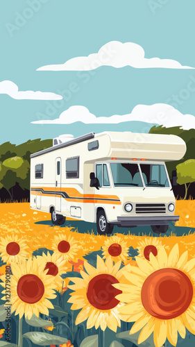 Vintage RV Road Trip Through Sunflower Field, Minimalist Van Life Illustration Concept