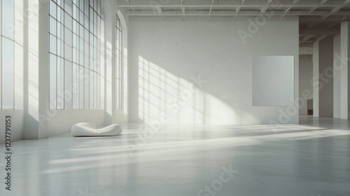 minimalist white room interior design with large windows and bla photo