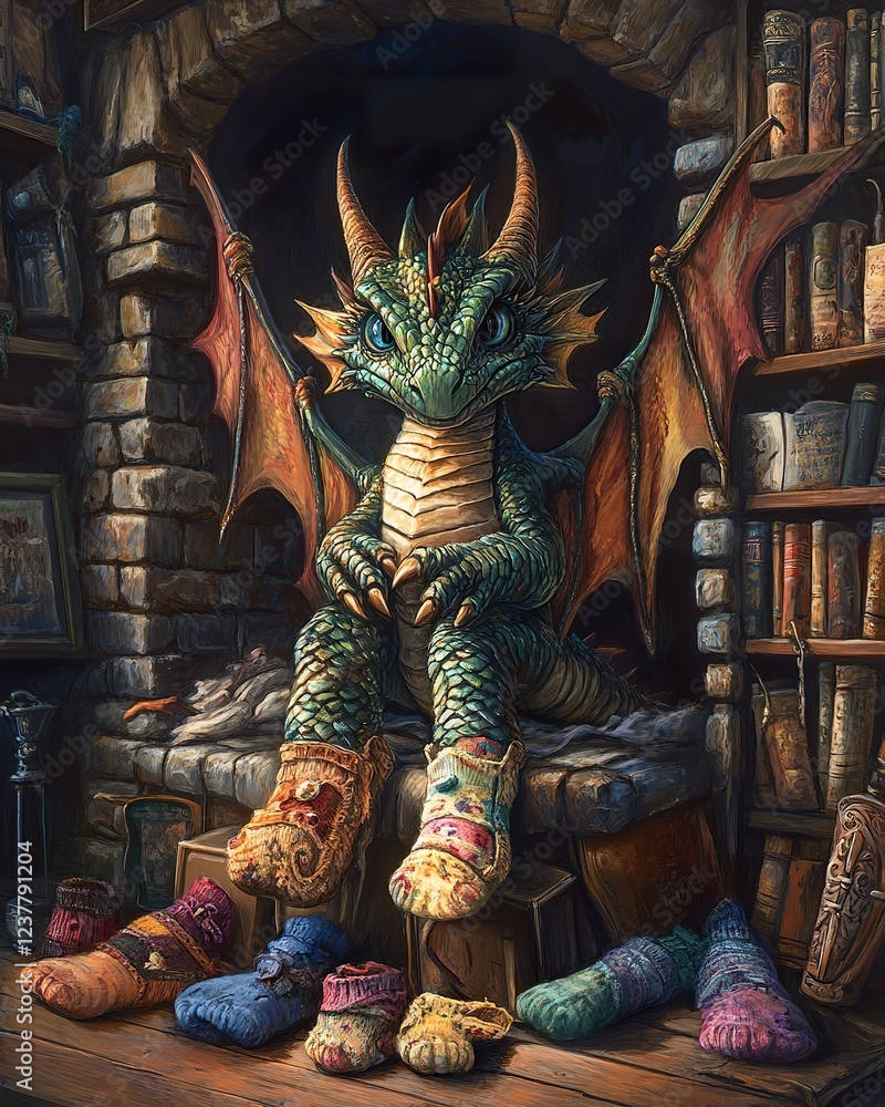 Fototapeta premium A Young Dragon Sits Wearing Colorful Socks By The Fireplace
