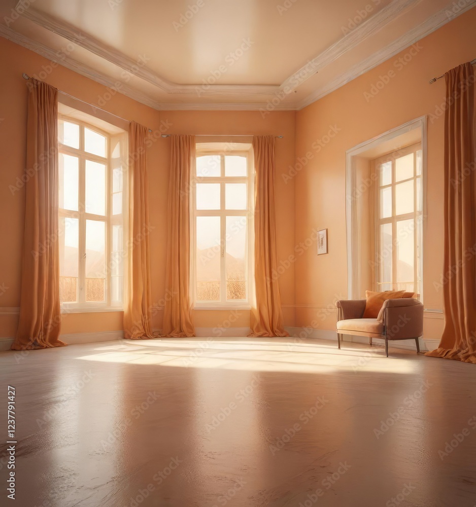 Fototapeta premium Soft orange tones seep into a room through windows, warm hues, soft oranges, gentle light