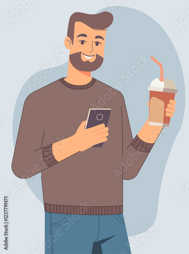 Man holding a paper coffee cup in one hand and a smartphone in the other, depicting modern multitasking. Ideal for technology and lifestyle designs, symbolizing convenience and connectivity.