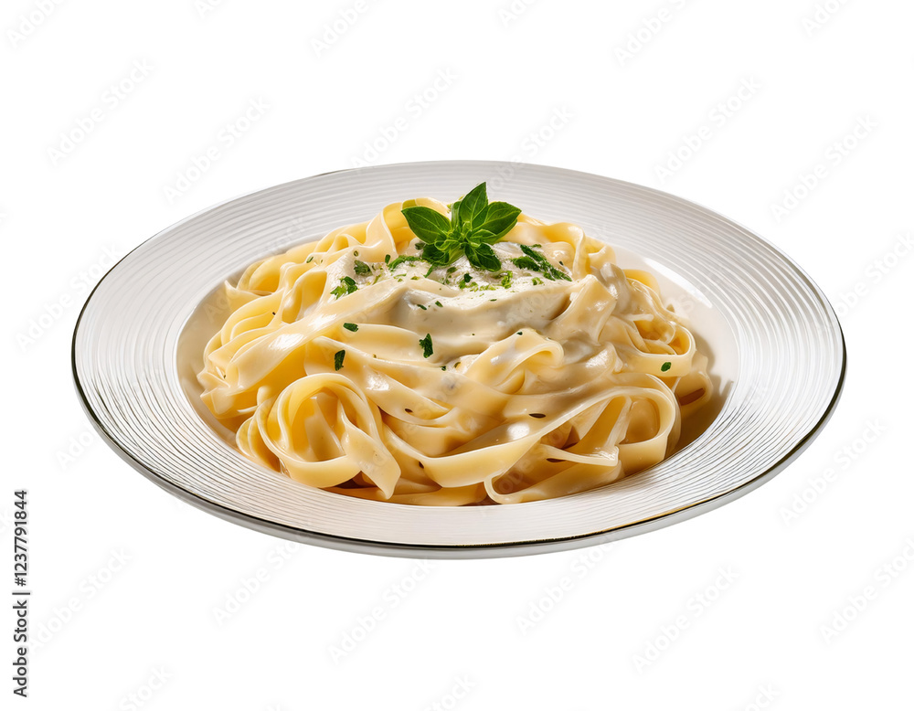 Creamy Fettuccine Alfredo: A tantalizing close-up of a plate of creamy fettuccine Alfredo, topped with fresh herbs and a dollop of rich sauce. Creamy Fettuccine Alfredo: A tantalizing close-up of a plate of creamy fettuccine Alfredo, topped with fresh herbs and a dollop of rich sauce.