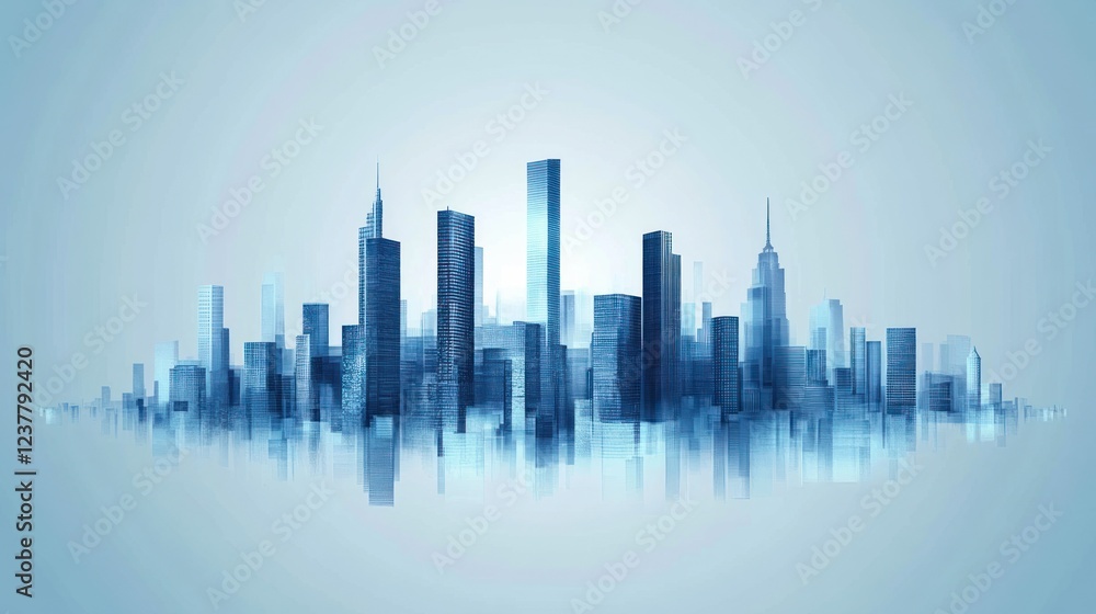 Fototapeta premium Blue city skyline reflection, urban development, sunrise background, futuristic design