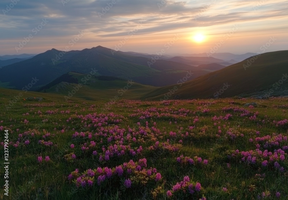 Sunrise over mountain range with blooming rhododendrons. Sunrise over mountain range with blooming rhododendrons.