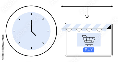 Clock pointing to buying time, online storefront with shopping cart and BUY button. Ideal for e-commerce, time management, online shopping, consumer behavior, digital marketing, efficiency, retail