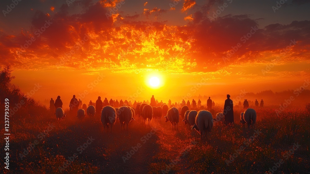 Fototapeta premium Sunset Silhouette: Shepherds Guiding Flock at Golden Hour