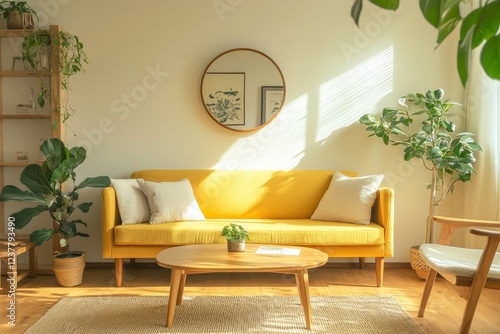 Sunny living room, yellow sofa, plants, sunlight, interior design, home decor, magazine, website photo