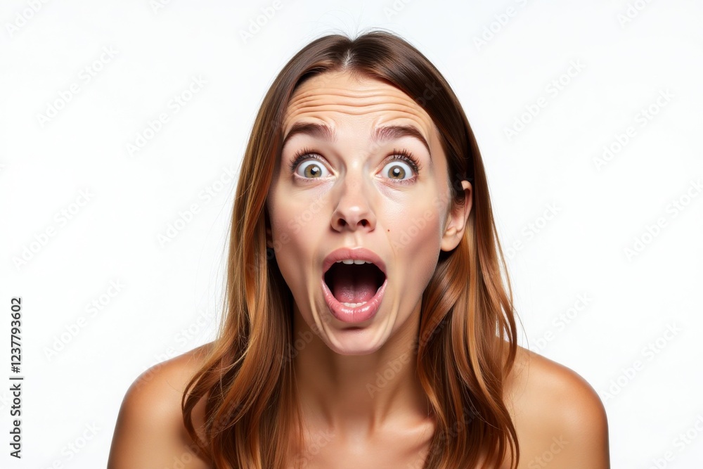 A young woman with a shocked expression, wide-eyed and surprised, isolated on a white background. A young woman with a shocked expression, wide-eyed and surprised, isolated on a white background.