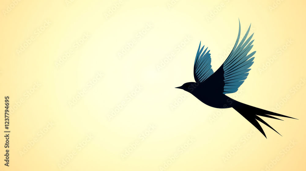 Obraz premium A silhouette of a bird in flight against a soft yellow background, showcasing delicate wings and a dynamic form.