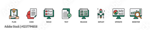 DevOps icon set flow process which consists of monitor, operate, test, deploy, release, build, code, plan icon live stroke and easy to edit .