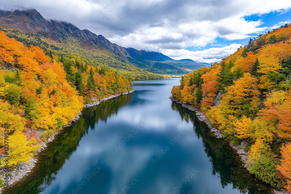 Aerial View of a Serene Autumn Lake Surrounded by Colorful Fall Foliage and Majestic Mountains Aerial View of a Serene Autumn Lake Surrounded by Colorful Fall Foliage and Majestic Mountains