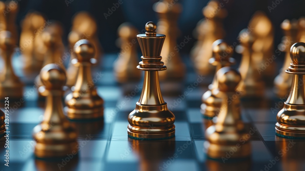 Golden Chess Pieces Focused on the King in a Strategic Game on a Black and White Board Golden Chess Pieces Focused on the King in a Strategic Game on a Black and White Board