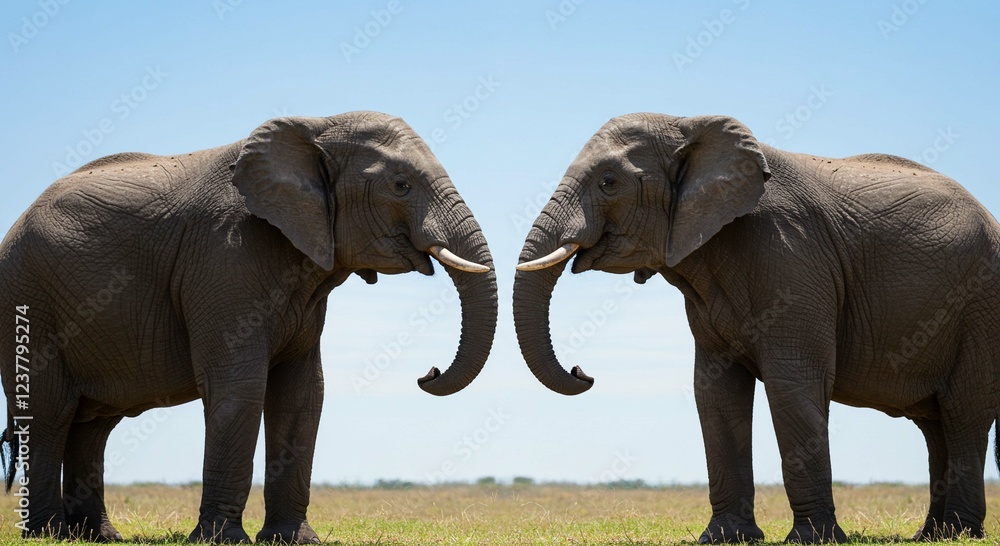 Fototapeta premium Two African Elephants Facing Each Other in Savanna Landscape Wildlife Encounter