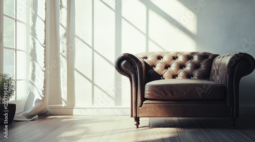 sunlit leather armchair in modern room photo