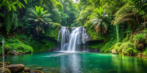 Serene Tropical Waterfall Surrounded by Lush Green Foliage and Palm Trees