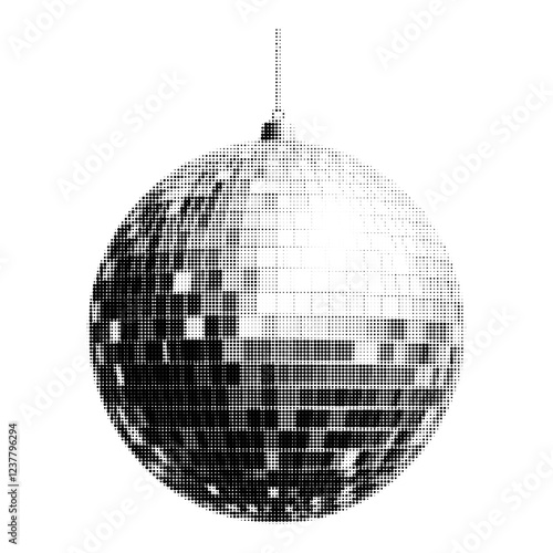 Black and white halftone disco ball illustration. Abstract retro party design element with pixelated dots. Vintage 70s and 80s style graphic for music, dance, and club themes.