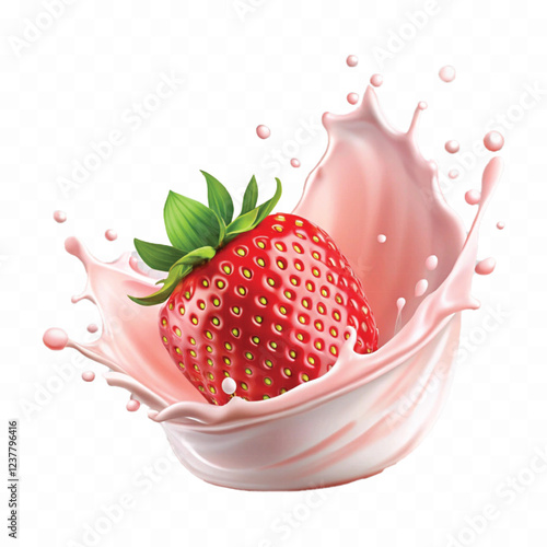 realistic 3d milk or yogurt splash with strawberries isolated on white background