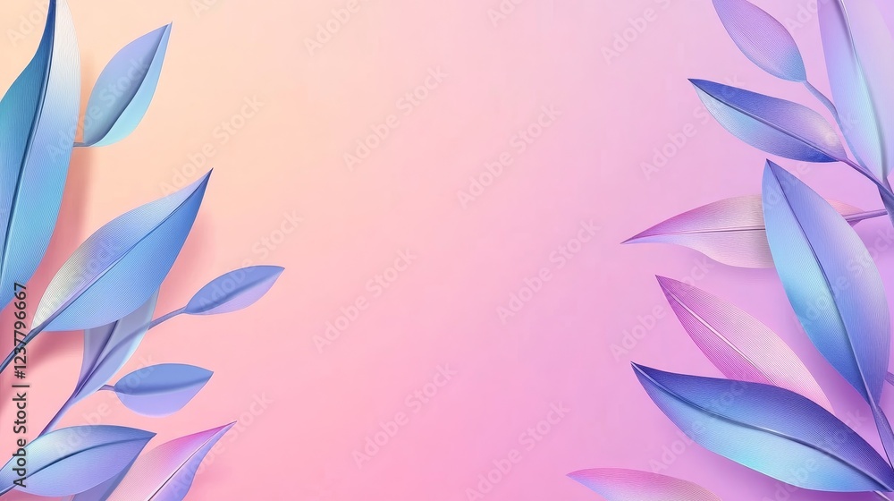 Fototapeta premium Colorful abstract background with soft gradient and stylized leaves framing the design