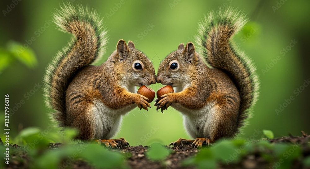 Adorable Red Squirrels Sharing Hazelnuts in a Lush Green Forest Setting Adorable Red Squirrels Sharing Hazelnuts in a Lush Green Forest Setting