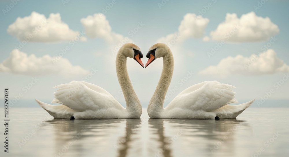Obraz premium Two Swans Forming Heart Shape on Calm Water Romantic Nature Scene Peaceful Wildlife