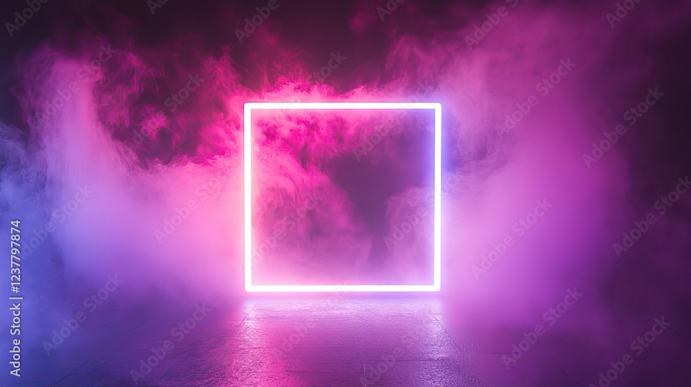 Obraz premium 3d render, abstract background, square portal, neon lights, virtual reality, glowing lines, pink blue, ultraviolet spectrum, laser show, smoke, fog, terrain, ground
