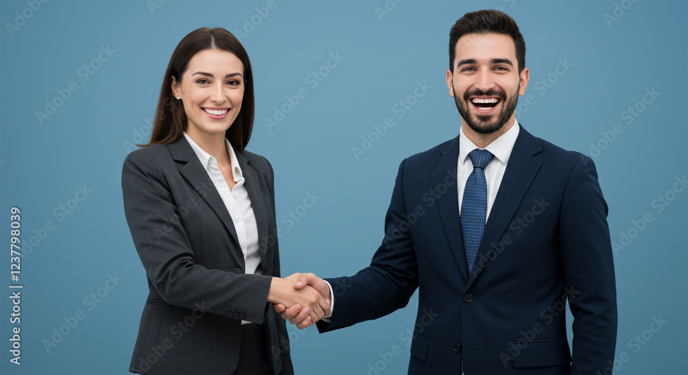 A businesswoman and a businessman shaking hands in a professional manner, both smiling A businesswoman and a businessman shaking hands in a professional manner, both smiling