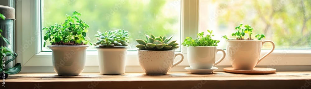 Obraz premium A sunny urban kitchen featuring vibrant succulents in creative DIY planters made from recycled materials.