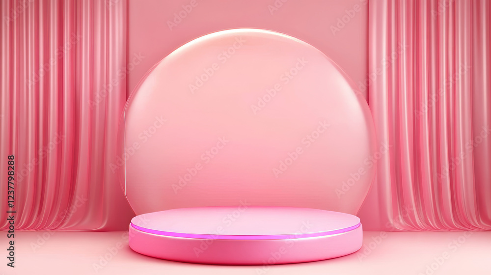 Pink neon glowing product podium with digital led screen on wall. Realistic 3d vector illustration of luminous stage for goods display. Empty futuristic cylinder platform with light in studio room. Pink neon glowing product podium with digital led screen on wall. Realistic 3d vector illustration of luminous stage for goods display. Empty futuristic cylinder platform with light in studio room.