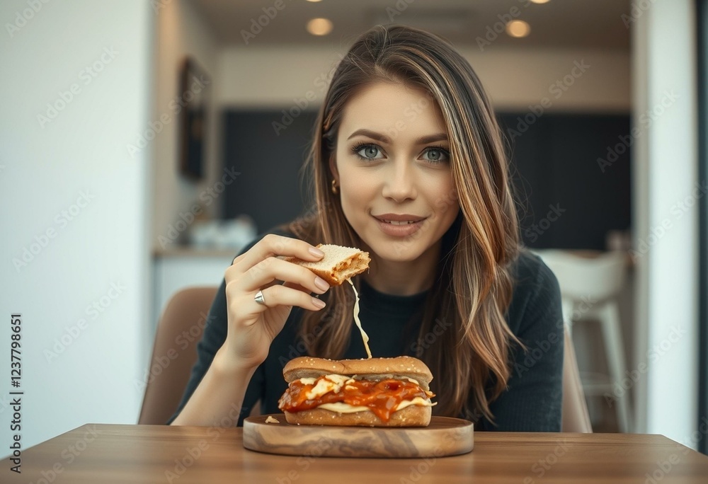 Female eating a sandwich in a minimalist environment