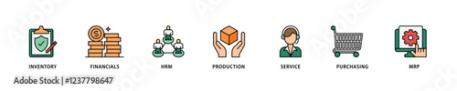 ERP icon set flow process which consists of inventory, financials, hrm, production, service, purchasing, and mrp icon live stroke and easy to edit .