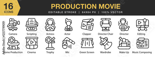 Production Movie icon set. Editable Stroke Icon Collection. Includes camera, movie, film, production, cinema, studio, and More. Outline icons vector collection.