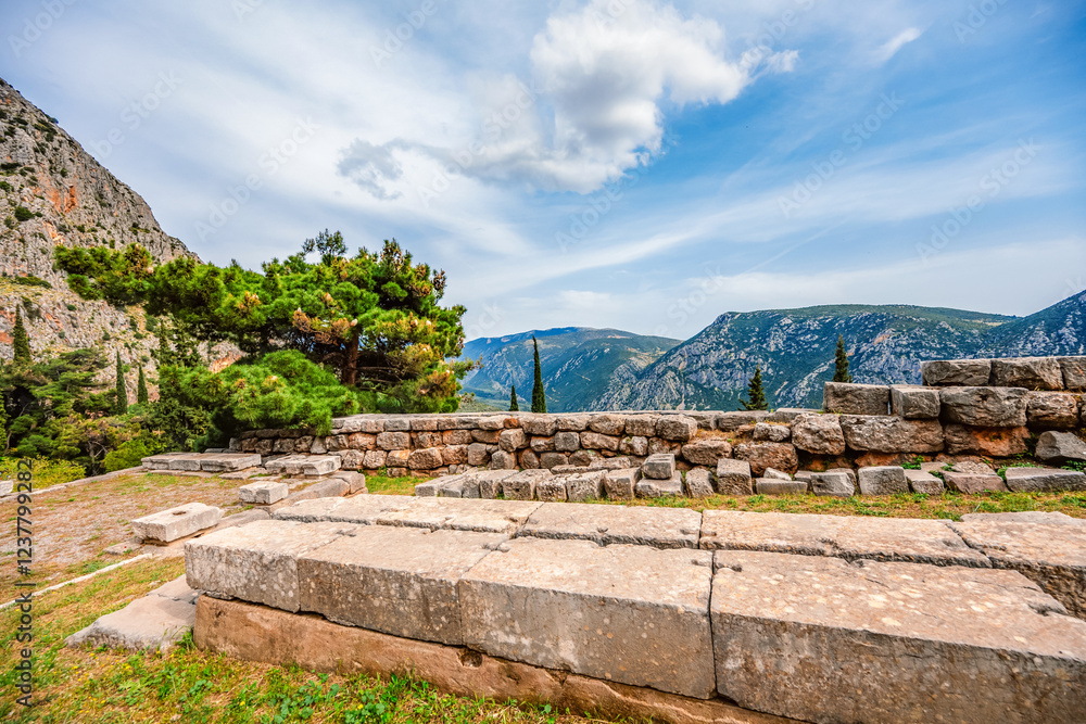 Delphi with ruins of the Temple of the ancient Sanctuary of Apollo in Delphi, Greece, at the Mount Parnassus Delphi with ruins of the Temple of the ancient Sanctuary of Apollo in Delphi, Greece, at the Mount Parnassus