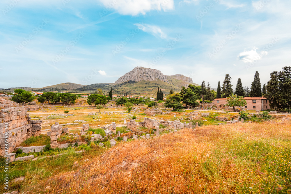 Obraz premium archaeological site of Ancient Corinth built in the slopes of Acrocorinth, Peloponnese, Greece